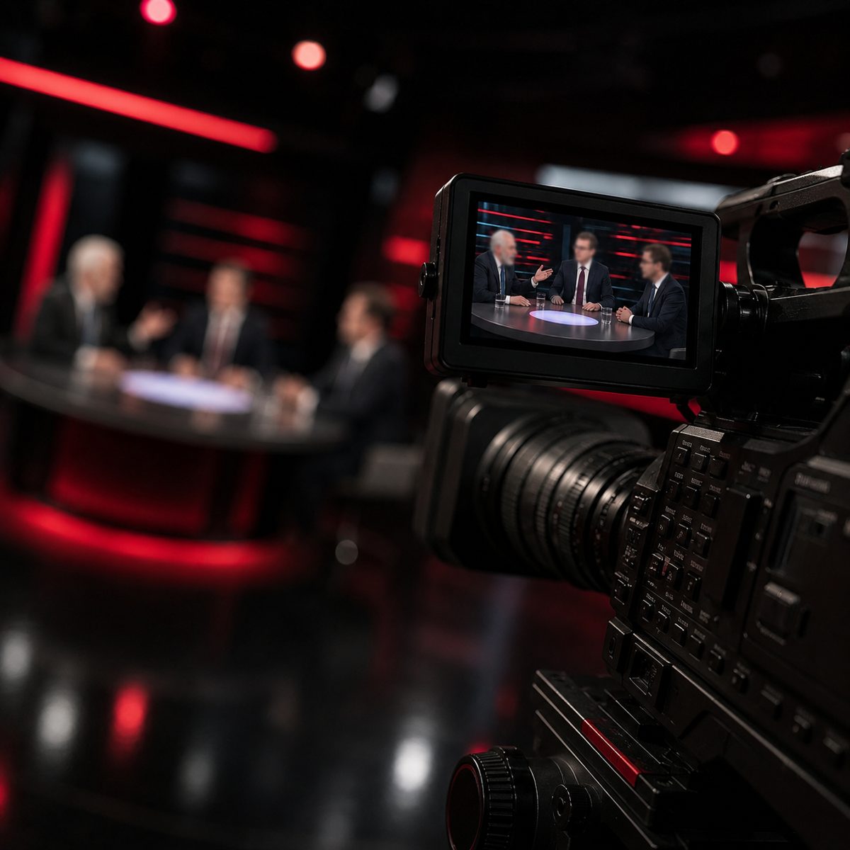 Studiokamera filmt eine Gesprächsrunde im Studio