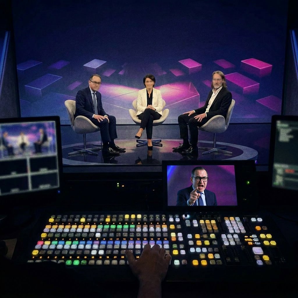 Bildmischpult mit Vorschau-Monitoren während der Live-Regie